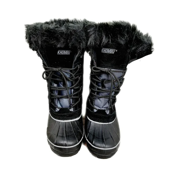 Black Leather Waterproof Womens Sz 9M Faux Fur Trim Lace Boots Khombu Nordic 2 - Picture 3 of 8